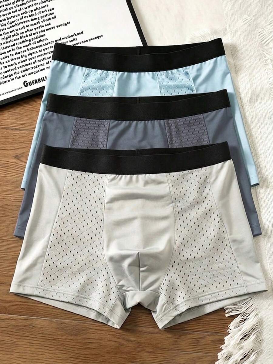 3pcs Solid Color Breathable Men's Underwear, Men's Cool Sleep Shorts, Men's Quick-Dry Shorts