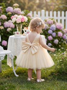 女嬰薄紗派對禮服 花童公主長裙 優雅女嬰禮服 適合 1 歲生日禮物 宴會 晚宴 派對 重要場合 節日慶祝套裝 - 香檳色 - 查看 3