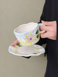 1 Set Creative Hand-Pinched Coffee Cup And Saucer, Hand-Painted Embossed Floral Ceramic Cup, Tea Cup, Water Cup, Mug, Suitable For Office, Living Room, Home Use, Gift, Cup, One Cup Of Coffee - Multicolor - View 2
