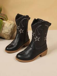 1 Pair Brown Mid-Calf Girls' Vintage Embroidered Fashion Western Cowboy Boots - Black - View 2
