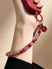 Cute Red Daisy Phone Lanyard, Sweet Red & Pink Beaded Phone Strap, Aesthetic Floral Wristband - Multicolor - View 2