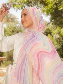 1pc Marble Gradient Chiffon Muslim Women's Hijab Headscarf, Colorful Wave Print Lightweight Soft Shawl Headscarf, Suitable For Daily Wear - Multicolor - View 2