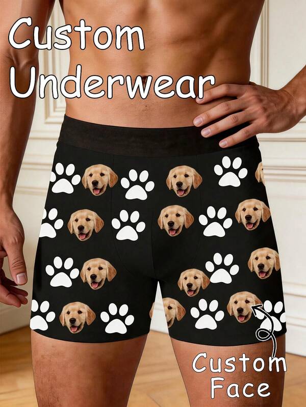 1pc Men's Customized Dog Face Pattern Boxer Briefs, Black, With Paw Print And Pet Face Print, Soft Elastic Fabric, Comfortable Daily Casual Underwear