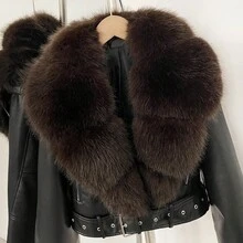OFTBUY 純色PU皮革夾克配人造毛領，女款休閒秋冬機車街頭風度假外套 - 黑+深咖 - 查看 4