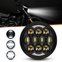 80W 5-3/4" 5.75" Round LED Projection Headlight Compatible With Dyna Street Bob Super Wide Glide Night Rod Train Deuce Custom Iron 883,Black - A - View 1