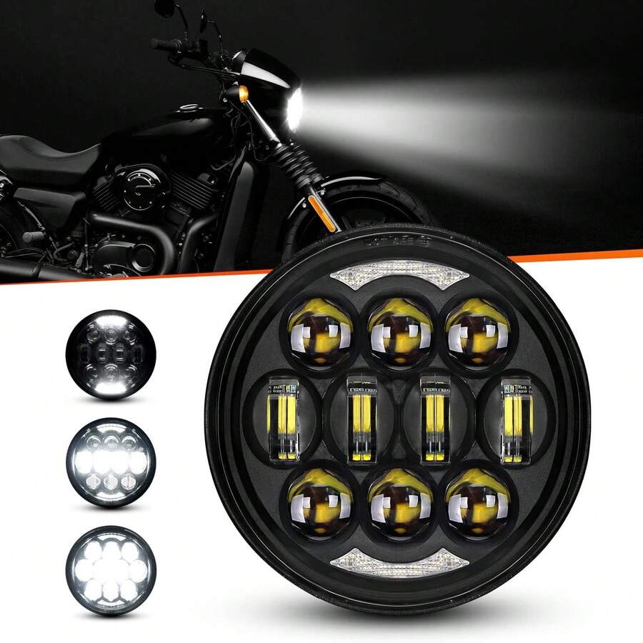 80W 5-3/4" 5.75" Round LED Projection Headlight Compatible With Dyna Street Bob Super Wide Glide Night Rod Train Deuce Custom Iron 883,Black - A - View 1