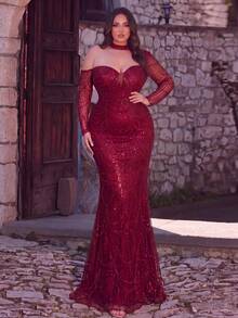 Plus Size Women's Elaborate Red Sequin Mermaid Formal Gown, One Shoulder Long Sleeve Dress With Delicate Beading For Prom Events - Burgundy - View 1