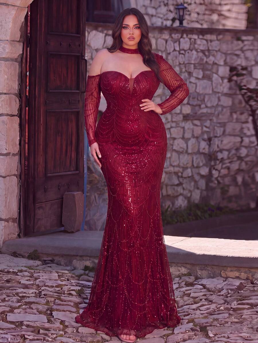 Plus Size Women's Elaborate Red Sequin Mermaid Formal Gown, One Shoulder Long Sleeve Dress With Delicate Beading For Prom Events - Burgundy - View 1