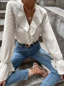 Women's White Bell Sleeve Blouse, Semi-Sheer Regular Fit Top, Suitable For Spring And Autumn - Off White - View 3
