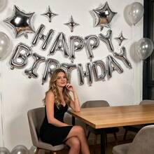 18pcs Silver Birthday Banner, Five-Point Star & Four-Point Star Foil Balloon Set, Suitable For Birthday Party Decoration, Theme Party Setup, Birthday Atmosphere Decor, Bachelor Party Setup, Coming Of Age Ceremony, First Birthday - View 7