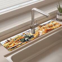 1pc Thanksgiving Pumpkin Pattern Rubber Faucet Splash Guard, Bathroom Faucet Splash Mat, Mud Guard, Moisture-Proof Anti-Slip Faucet Pad, Kitchen Countertop Accessory. Protect Your Kitchen Countertop. - Multicolor - View 5