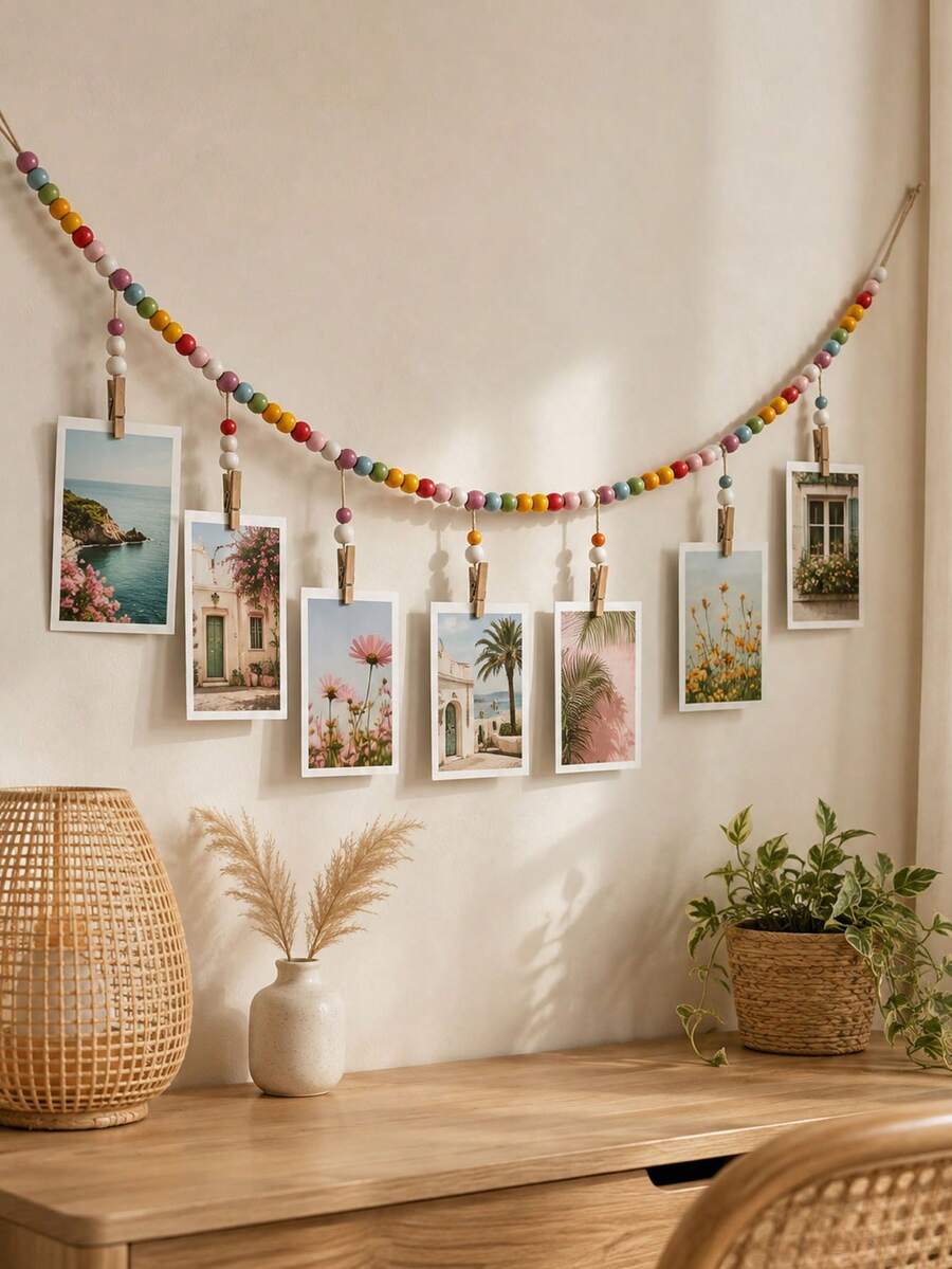 1PC Bohemian Style Macaron Wooden Bead Photo Hanging Ornament With Clip, Colorful Wall Photo Display For Home Decor, Suitable For Bedrooms, Dormitories, And Living Rooms - Multicolor - View 1