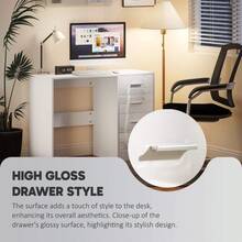 Computer Desk With Drawers, Dressing Table, High Gloss Home Office Writing Workstation, White On-Site - 1 - View 6