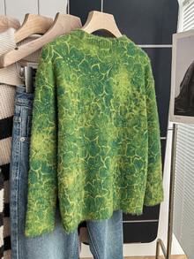 pull en tricot floral vert pour femmes, tenue d'automne, style décontracté, style basique, tenue de bureau automne - Vert - Voir 8