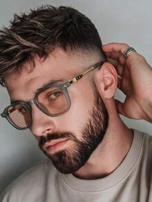 1PC Men's Multi-Color Geometric Gold Plastic Combination Retro Personalized Cool Street Style Glasses Studded High-End Fashion Decorative Shades, Suitable For Vacation, Beach, Seaside, Driving, Street Photography, Travel, Dating, Commuting, Etc. - Sand Green Frame Champagne Lens - View 2