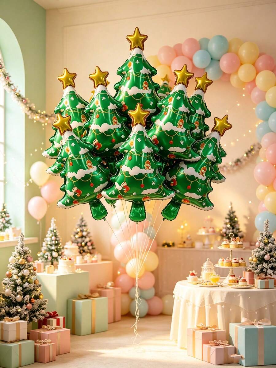 10pcs 16-Inch Christmas Tree Shaped Aluminum Foil Balloons, Suitable For Christmas Holiday Atmosphere Decoration, Store Window Display, Holiday Party Scene Arrangement, Photo Props - View 1