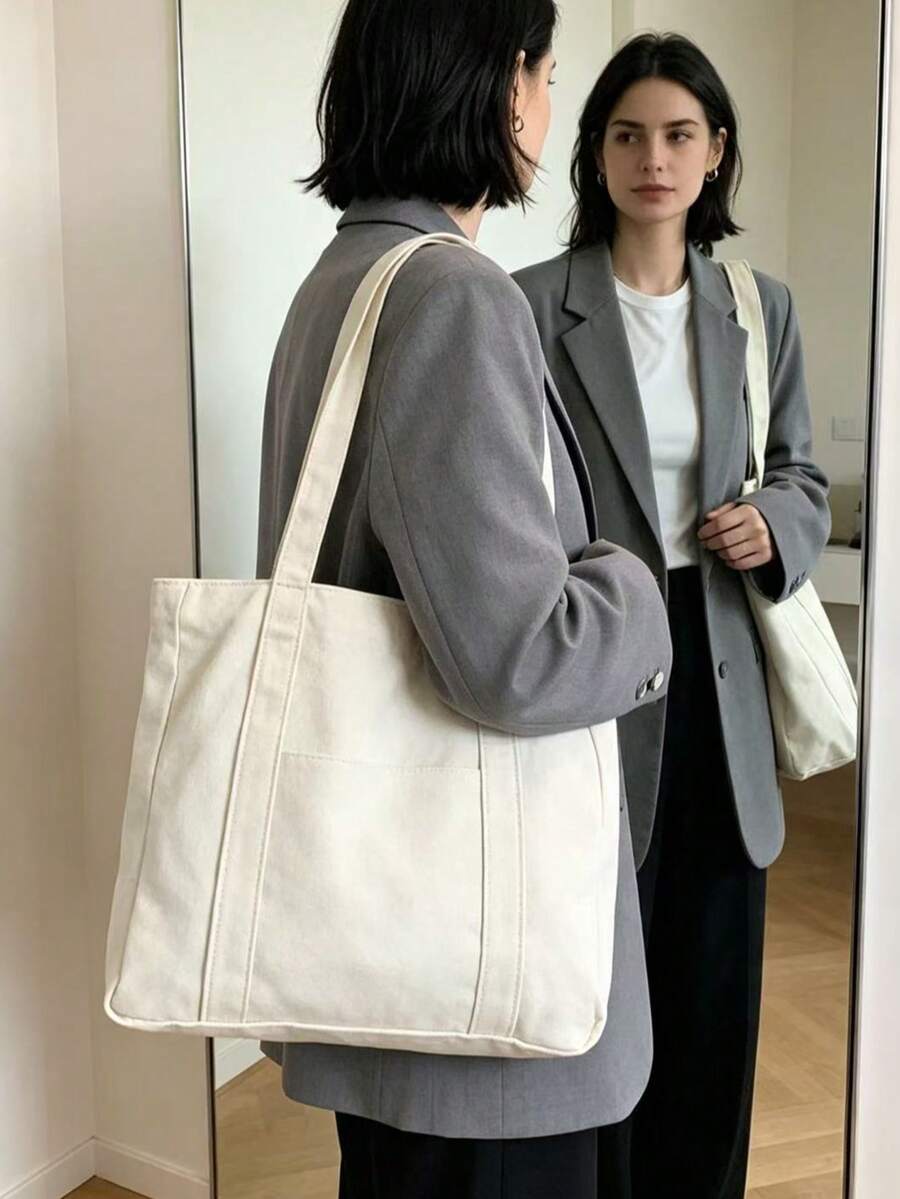 純色帆布材質母親節送禮給媽媽的大容量托特肩背包，完美通勤腋下包