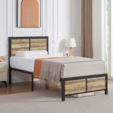 VECELO Single Size Bed Frame With Wooden Headboard And Footboard, Metal Platform Bed, Easy To Assembly - Khaki - View 9