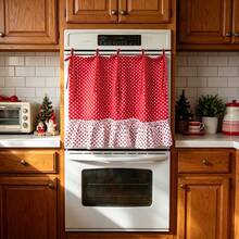 1Pc,Oven Skirt With Red Curtains With White Dot Cotton Cloth Pleated Skirt, Lace-Up Bowknot Trim, Pockets, Suitable For Placing Kitchen Utensils Or Organizing Small Items,DIY Apron,Multi-Functional Stove Protective Curtain, Cafe Small Window Curtain - Red - View 3