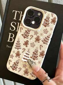 Fashionable Cute Minimalist Gingerbread Man Christmas Tree Snowflake Pattern Phone Case Compatible With IPhone 18/18Pro/18ProMax/17/17Pro/17ProMax/16/16Pro/16ProMax/15/15Pro/15ProMax/14/13/12/11 Cartoon Christmas Tree Snowflake Anti-Drop Soft Shell Phone Protective Cover - Beige - View 2