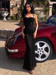 UNITHORSE Neck Tie Backless Pleated Sequin Dress - Black - View 2