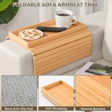 1pc Foldable Bamboo Armrest Tray, Suitable For Sofa, No Assembly Required. Equipped With Non-Slip Cup Holder And Non-Slip Pad On The Back, Suitable For Living Room, Bedroom And Office Use, Can Hold Phone, Snacks And Remote Control. - Multicolor - View 4
