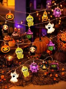 1pc Halloween Combination LED String Lights, Battery Powered, 10/20 LED Beads, Pumpkin, Ghost, Witch, Mummy And Spider Web 8 Shapes, Suitable For Bedroom, Living Room, Door & Window, Party Decoration - Multicolor - View 3