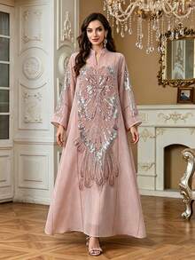 Sequin Embroidered Abaya Robe, Stand Collar Long Sleeve Modest Kaftan, Dubai Luxury Ramadan Evening Gown, Suitable For Eid, Ramadan, Wedding Party - Pink - View 11