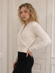 Wrap Cross V Neck Fuzzy Ribbed Waist Cropped Knit Sweater - Apricot - View 5