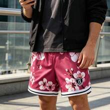 1PC Men Cherry Blossom Floral Print Mesh Athletic Shorts Contrast Striped Hem Elastic Waist Loose Fit Breathable Basketball Street Workout Casual Short Pants With Side Pockets - A - View 9