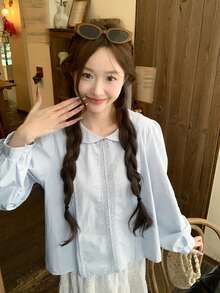 Korean Style Spring New Solid Color Top With Bowknot And Lace Design, Sweet Preppy Blouse - Blue - View 7