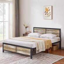 VECELO Single Size Bed Frame With Wooden Headboard And Footboard, Metal Platform Bed, Easy To Assembly - Khaki - View 6