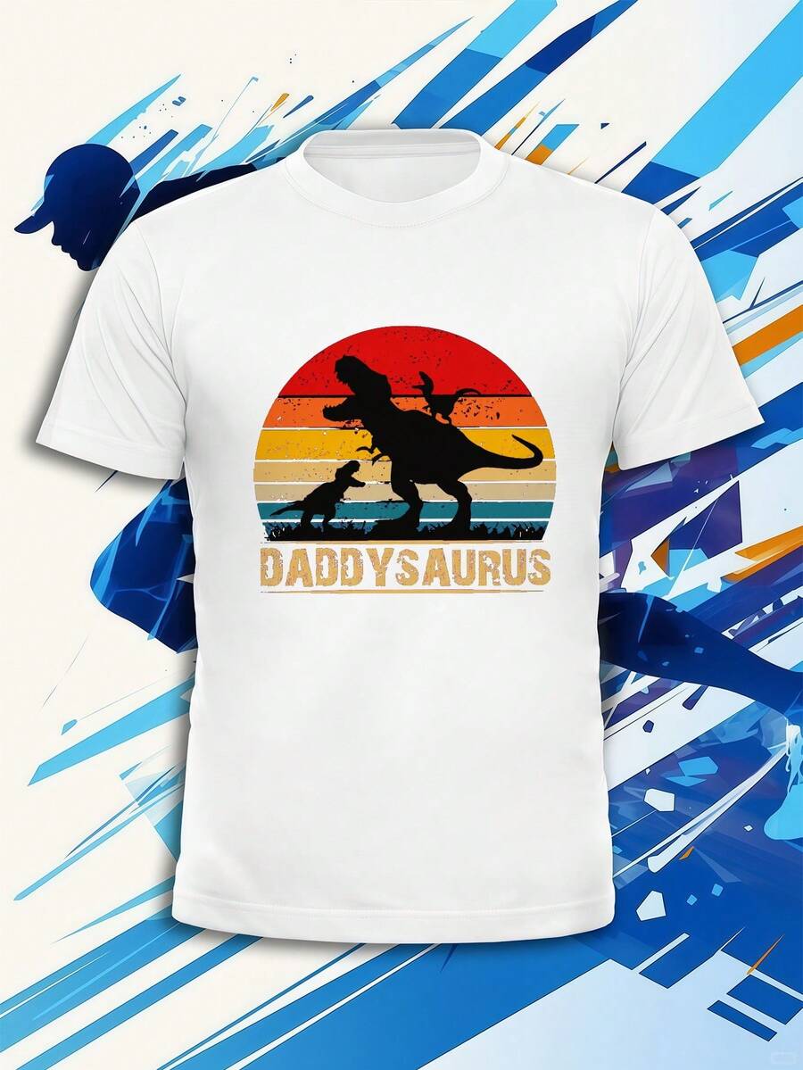 Vintage Daddysaurus Spring Men's T-Shirt, Premium Cotton, Crew Neck, Easy Fit, Comfortable, Street Hip-Hop - White - View 1