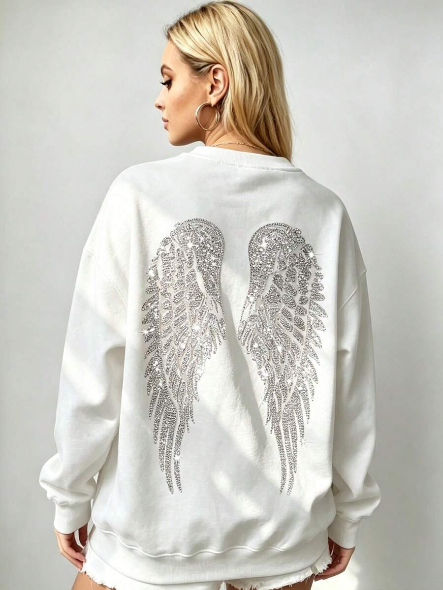 Women's Oversized Angel Wings Print Hoodie - Black Y2K Back Graphic Pullover, Fall Winter Streetwear , Comfy Oversized Silhouette2026 - 白色2 - 查看 1