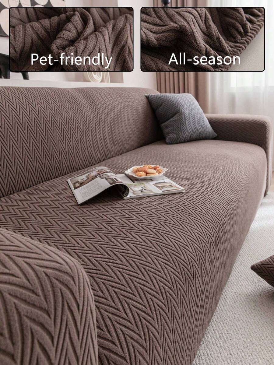 1PC Herringbone Embossed Stretch Full Sofa Cover, High Elastic Universal Couch Slipcover, Skin-Friendly, Scratch Resistant, Non-Slip & Machine Washable Furniture Protector, Suitable For 1/2/3/4 Seater Straight Sofas - Coffee Brown - View 1