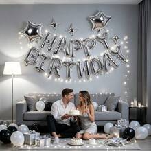 18pcs Silver Birthday Banner, Five-Point Star & Four-Point Star Foil Balloon Set, Suitable For Birthday Party Decoration, Theme Party Setup, Birthday Atmosphere Decor, Bachelor Party Setup, Coming Of Age Ceremony, First Birthday - View 2