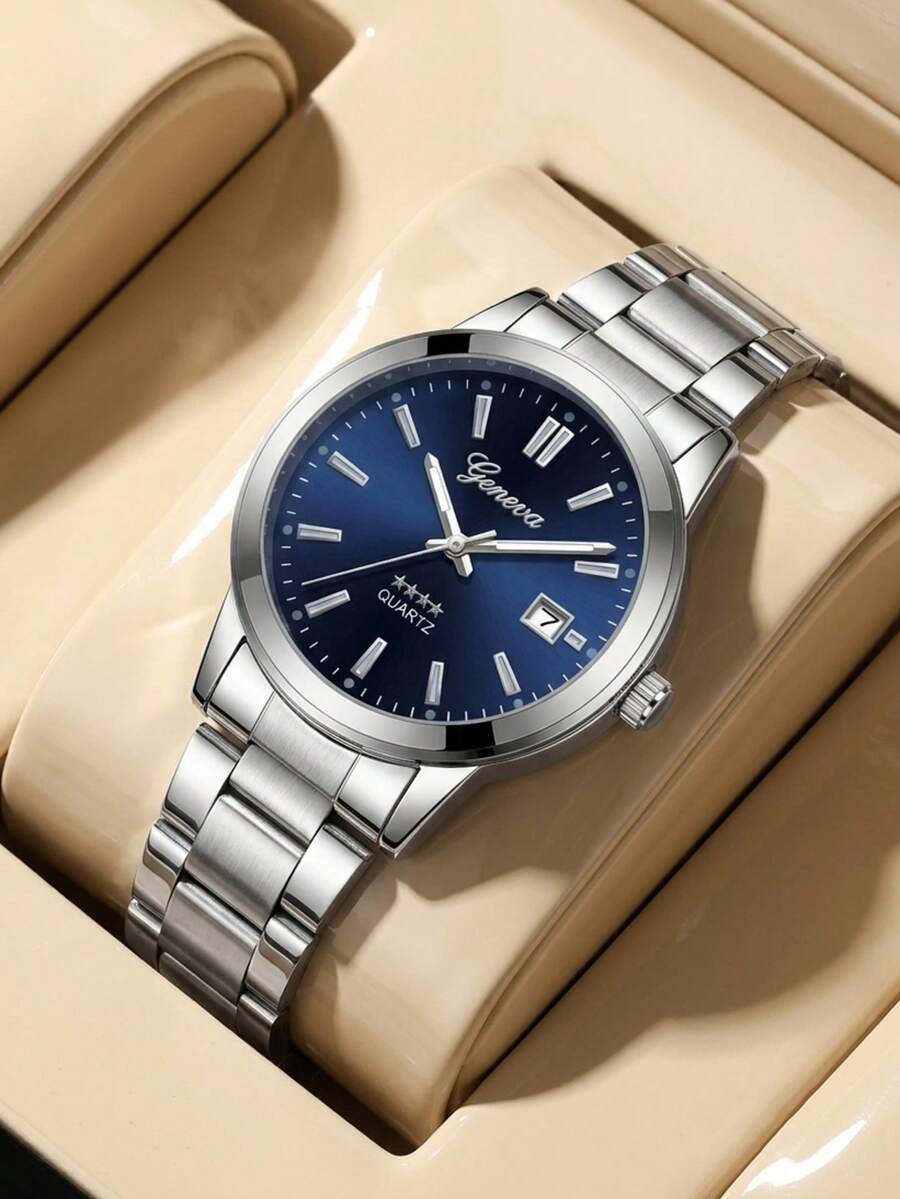 1PC Men's Quartz Watch, Business Casual Minimalist Bar Scale Design, Single Date Function, Blue Dial, Suitable For Daily Wear, Decoration Or Father's Day, Thanksgiving And Various Holiday Gifts - Silver - View 1