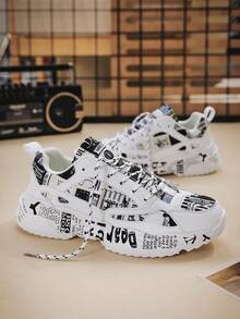 Men's Black & White Contrast Color Personalized Random Letter Print Graffiti Patchwork Front Lace-Up Low-Top Sneakers, Fashionable Versatile Outdoor Street Casual Comfortable Shoes - White and Black - View 7