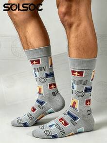 1/3/6 Pairs Men's Vintage Travel Stamp Pattern Crew Socks,Soft Breathable Novelty Airplane Landmark Postage Dress Socks,For Daily Wear&Back‑To‑School - Multicolor - View 1
