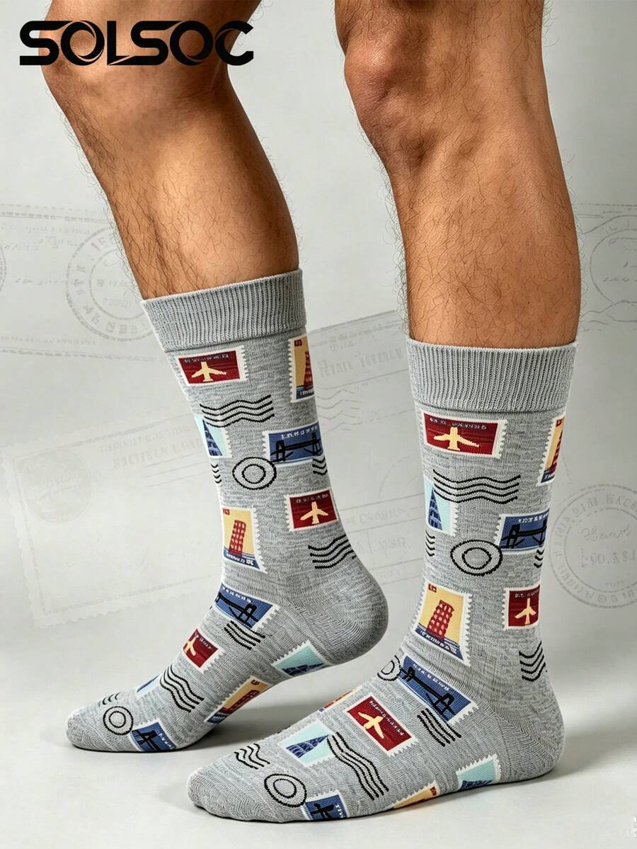 1/3/6 Pairs Men's Vintage Travel Stamp Pattern Crew Socks,Soft Breathable Novelty Airplane Landmark Postage Dress Socks,For Daily Wear&Back‑To‑School - Multicolor - View 1