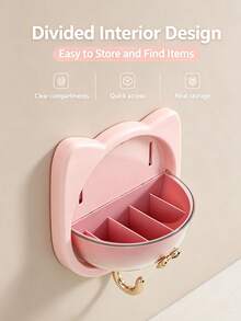 1pc Cat Ear Wall-Mounted Storage Box With Flip Lid And Hook, No-Drill Waterproof Plastic Organizer Shelf For Bathroom, Bedroom, Kitchen, Multi-Function Cosmetic, Jewelry, Cotton Swab Storage, Dust-Proof Space-Saving Organizer - Multicolor - View 5