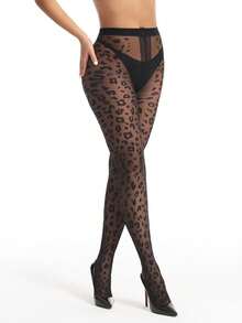 1pc Women 20D Leopard Jacquard Pattern Sheer Nylon Blend Stretchy Slim Fit Sexy Fashion Pantyhose For Daily Date Night - Black - View 4