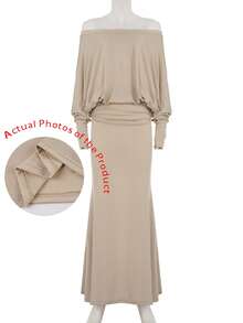 Elegant Solid Color Off-Shoulder Long Sleeve Dress, Women's Casual Long Party Dress, Fashionable Sexy Dress For Autumn Spring - Khaki - View 3