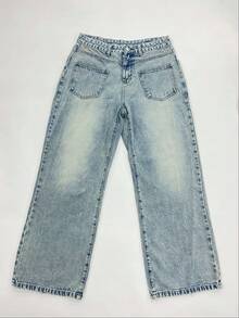 Men's Loose Wide Leg Straight Jeans With Front Pockets And Double Patch Pockets, Vintage Light Blue Washed Denim Long Pants - Light Wash - View 4