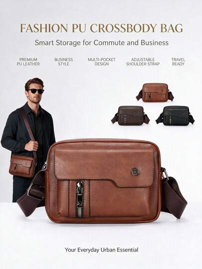 1pc Men's PU Leather Camera Bag, Multi-Compartment Business Style Commuter Crossbody Shoulder Bag, Item Storage Phone Bag