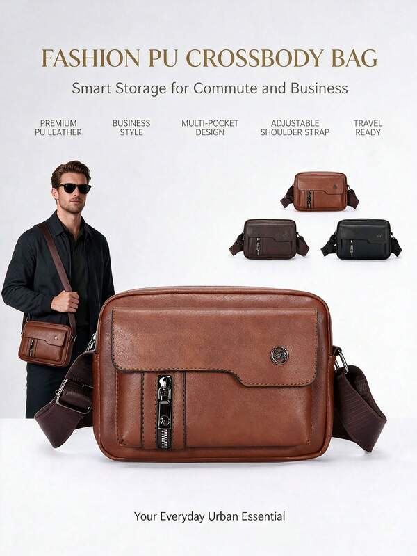 1pc Men's PU Leather Camera Bag, Multi-Compartment Business Style Commuter Crossbody Shoulder Bag, Item Storage Phone Bag
