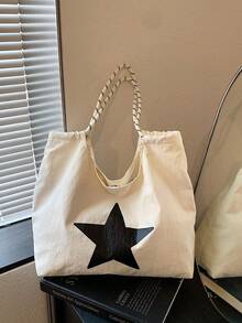 Large Capacity Women's Shoulder Bag Handbag, Black & White Contrast Star Print Nylon Waterproof Fabric, Daily Commute Bag - White - View 6