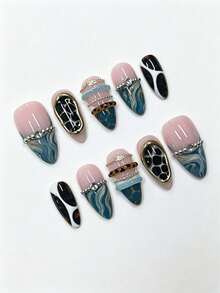 1 Set Handmade Almond-Shaped Press-On False Nails, Vintage Morandi Blue-Gray Fluid Gradient Honeycomb Leopard Print Color-Blocked Metal Chain Gold Frame Large Diamond French Detachable Wearable Nails. - Multicolor - View 4