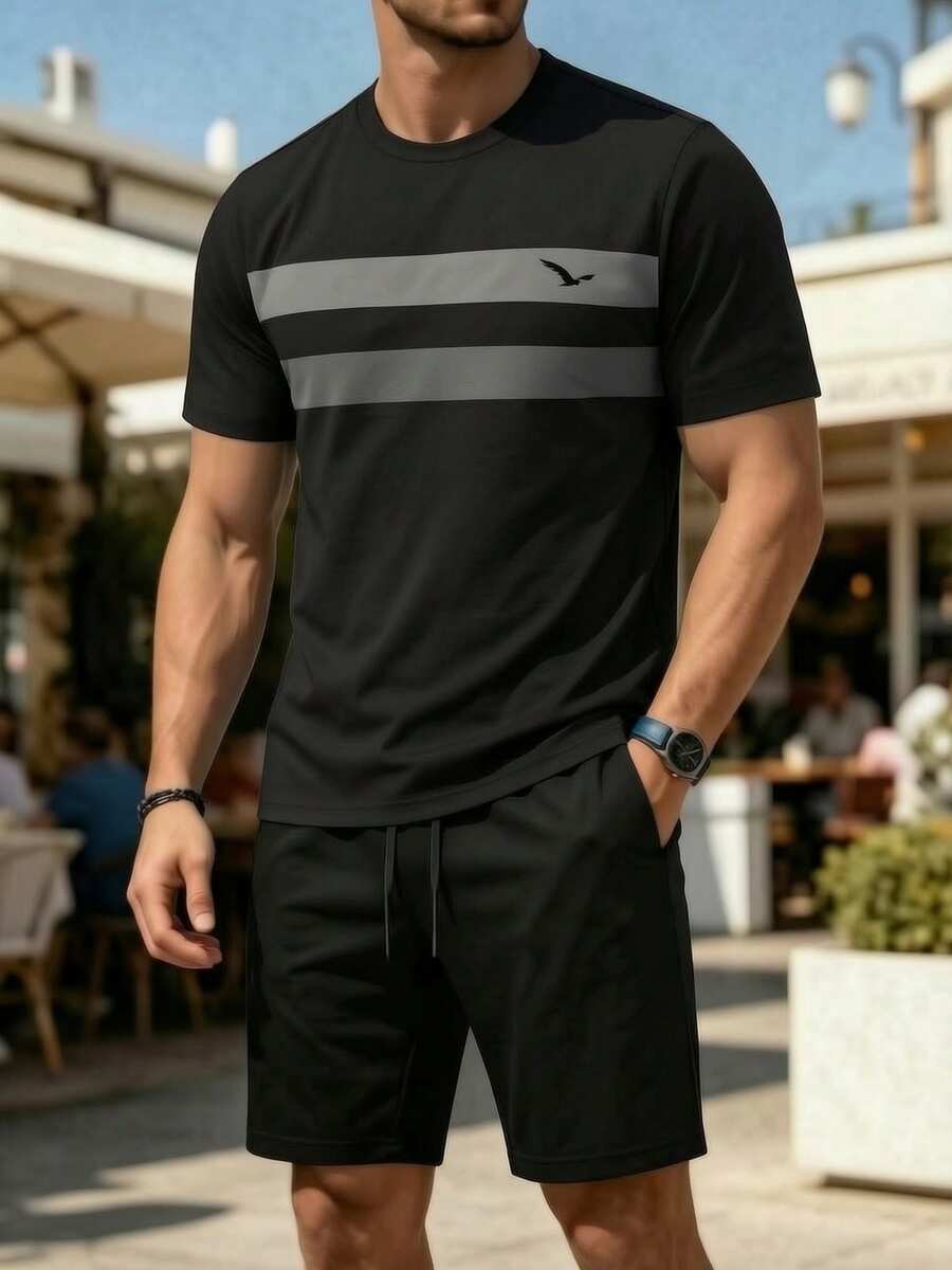 Conjunto de manga corta estampado para hombres con mangas cortas sueltas, suaves y ligeras, ropa casual de la ciudad de playa y entretenimiento diario de varios tamaños - Granate - Ver 1