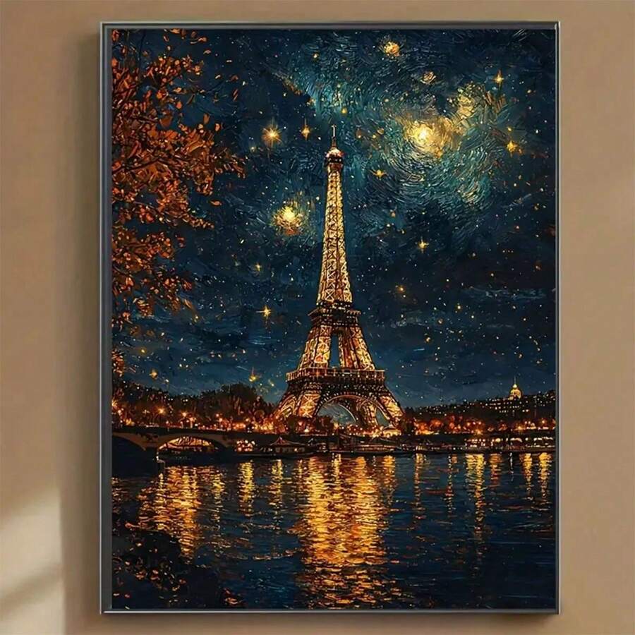 DIY Landscape Series Eiffel Tower Pattern Full Moon Diamond Painting Kit, Full Round Diamond, Home Wall Decor Gift - Multicolor - View 1
